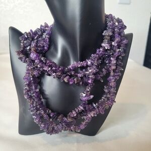 Amethyst Polished Chip Women Necklace, Triple Wrap Beautiful Vintage Purple Box